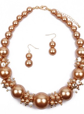 夸张大小耳环套装锁骨链水晶珠子