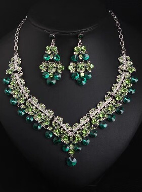 轻奢洋气水钻宝石宴会礼服项链耳环两件套甜美百搭女首饰套装配饰