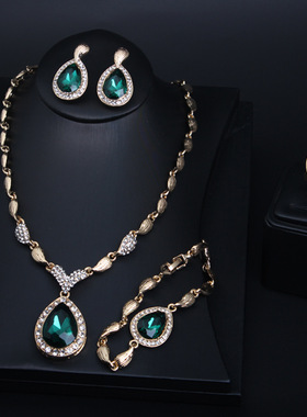 欧美夸张水滴宝石高档合金镀金四件套链新娘项链耳环套装宴会饰品