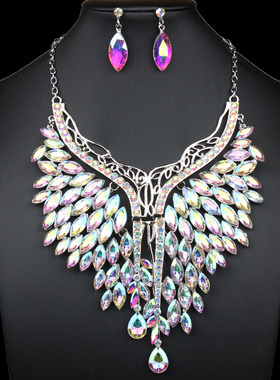 欧美夸张奢华宝石翅膀项链耳环套装女时尚宴会演出新娘礼服配饰品