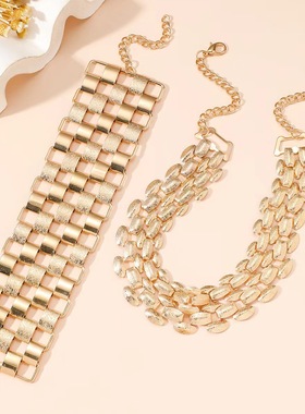 欧美夸张冷淡风金属磨砂镂空链条宽短项链手链套链女时尚气质配饰