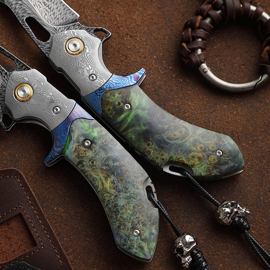 Cuchillo plegable con patrón de plumas Linglongshi hecho a mano