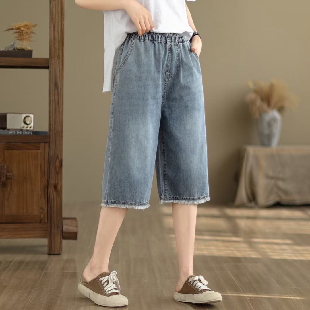 夏季薄款宽松大码牛仔短裤女哈伦裤高腰显瘦直筒裤休闲百搭六分裤
