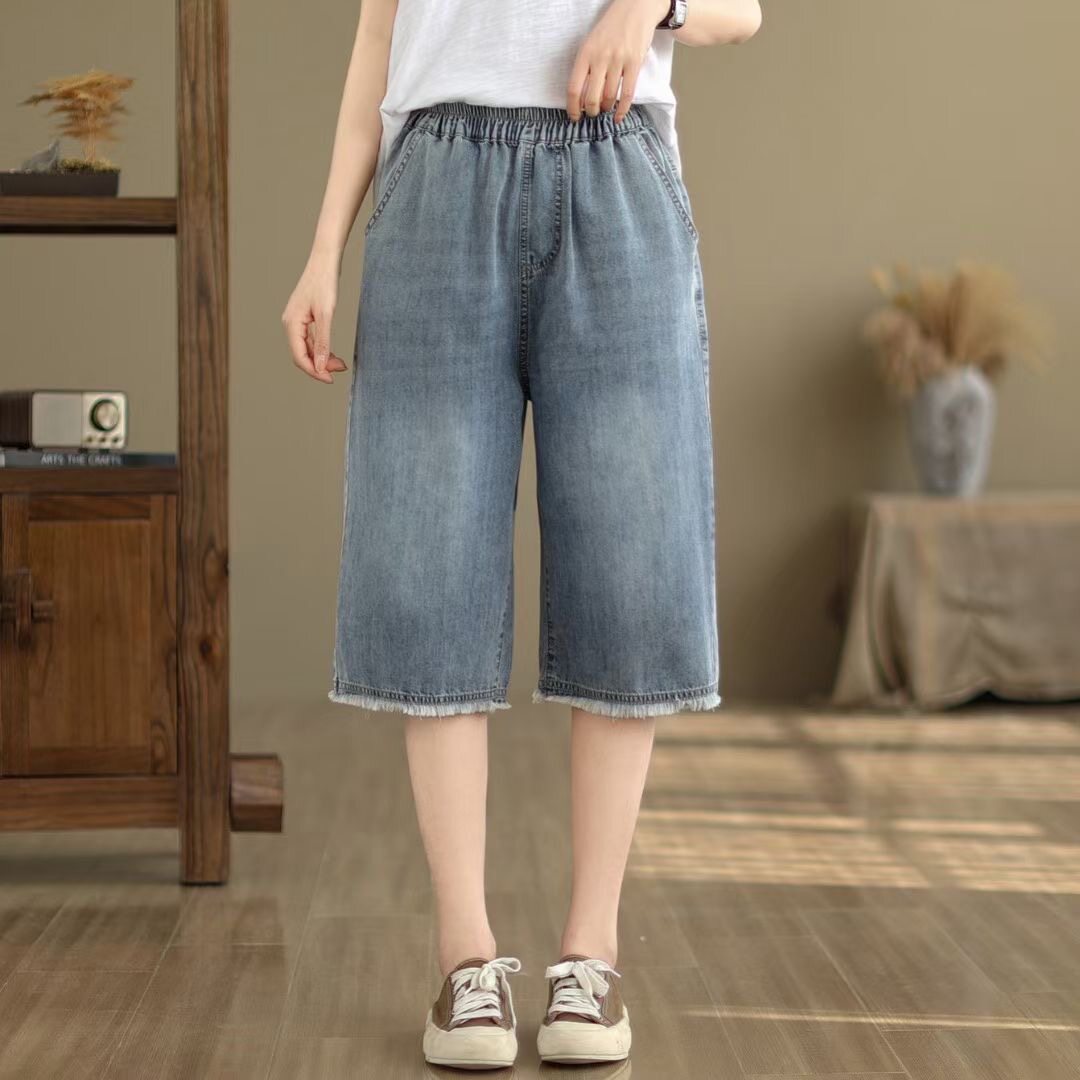 夏季薄款宽松大码牛仔短裤女哈伦裤高腰显瘦直筒裤休闲百搭六分裤