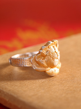 人品银品时尚通勤指环足银999.9牡丹花戒指开口描金简约女食指戒