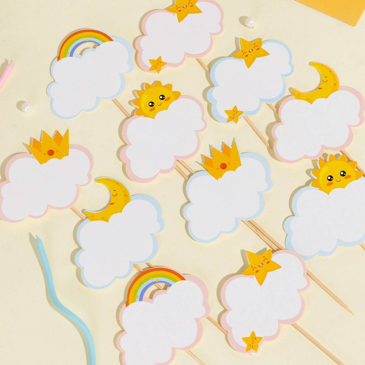 100支粉蓝色空白插牌写字祝福卡片蝴蝶结烘焙彩虹星蛋糕装饰插排,淘宝优惠券,粉丝福利购,淘宝优惠卷