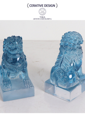 现代简约蓝水晶狮子镇宅摆件