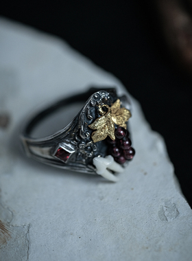 鐦KAI 原创设计s925银暗黑风复古戒指男小众高级感黑金色银饰