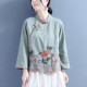 ຜ້າຝ້າຍວັນນະຄະດີ Retro ແລະເສື້ອ linen ປຸ່ມ embroidered ເສື້ອ