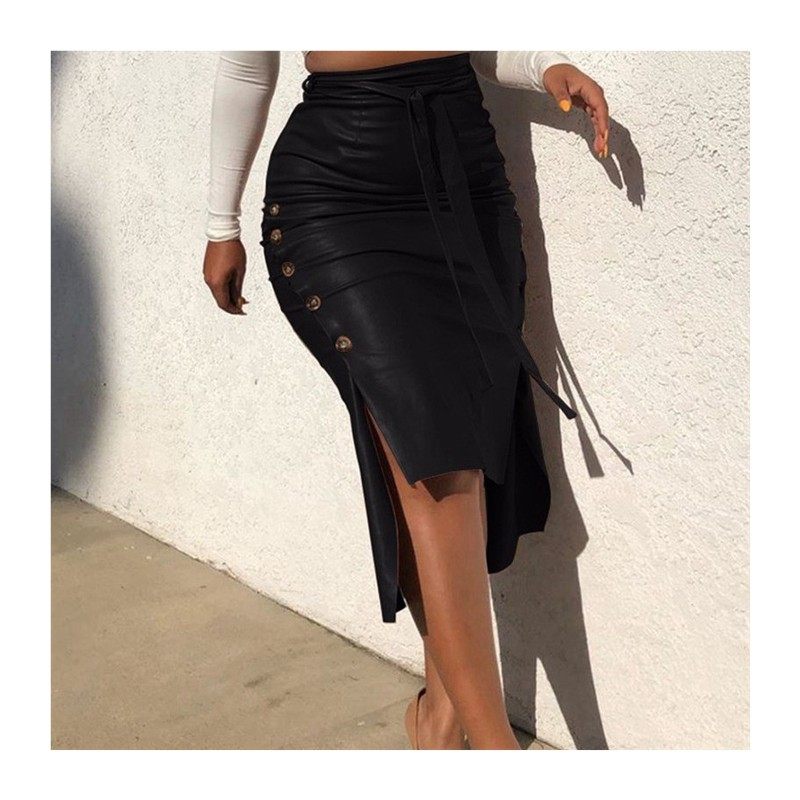 A slit slim mid-length hip-hugging PU skirt 开叉包臀半身PU裙,淘宝优惠券,粉丝福利购,淘宝优惠卷