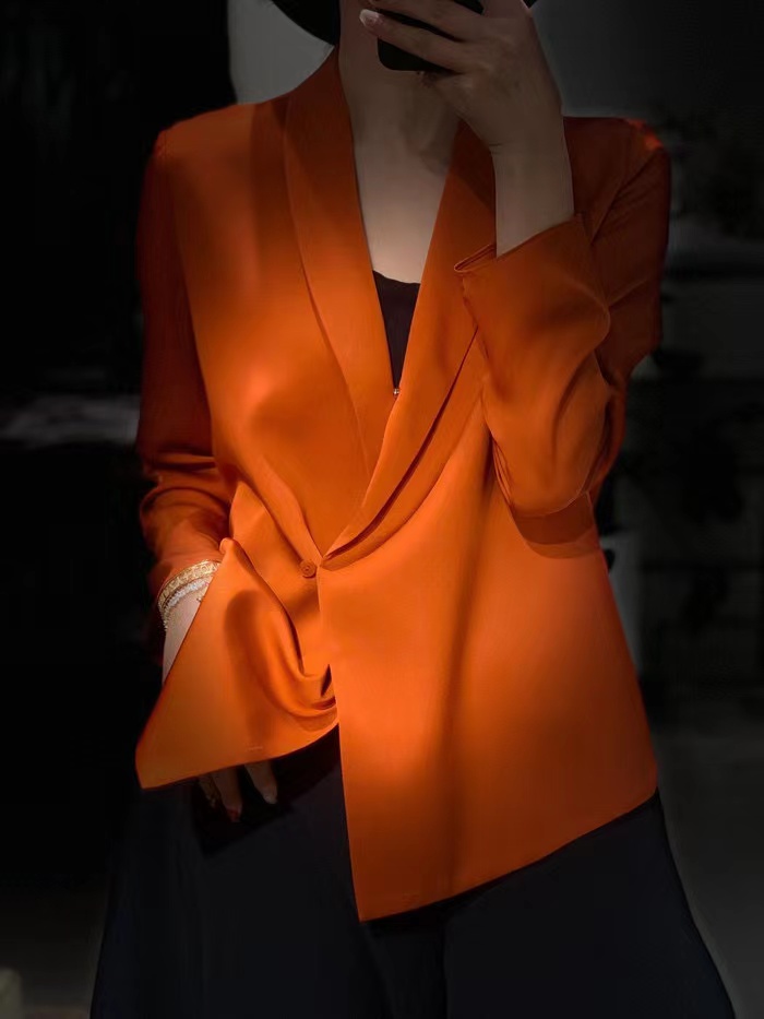 高级感重磅真丝衬衫女长袖外搭开衫高端桑蚕丝衬衣气质橘红色上衣-图1
