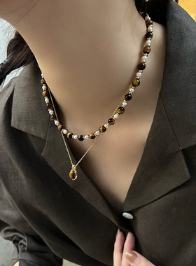 美拉德虎眼石天然珍珠项链锁骨链