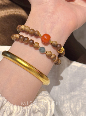 MISS HELEN 静心双圈沉香手串中式翡翠手链女简约经典设计百搭