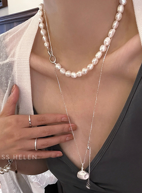 MISS HELEN小石头巴洛克S925银珍珠项链女异性不规则锁骨链