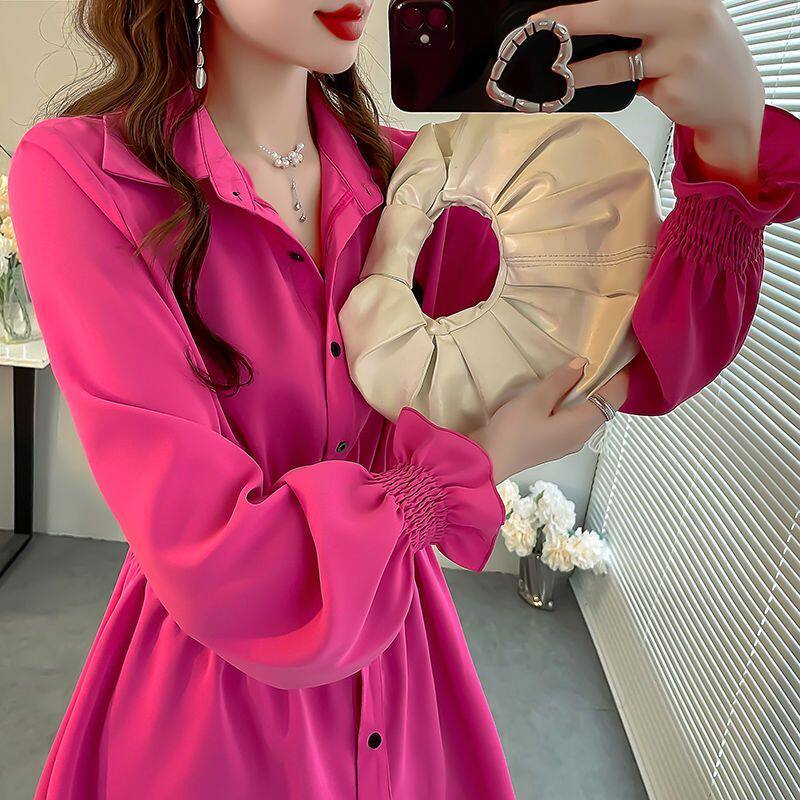 韩版秋上衣女2025新款喇叭袖衬衫显瘦收腰设计中长款纯色雪纺衬衣