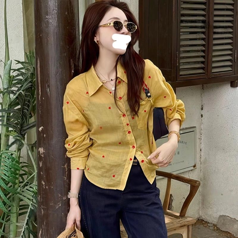 爱心印花长袖衬衫女夏季2025新款洋气减龄雪纺上衣大码宽松防晒衣,淘宝优惠券,粉丝福利购,淘宝优惠卷