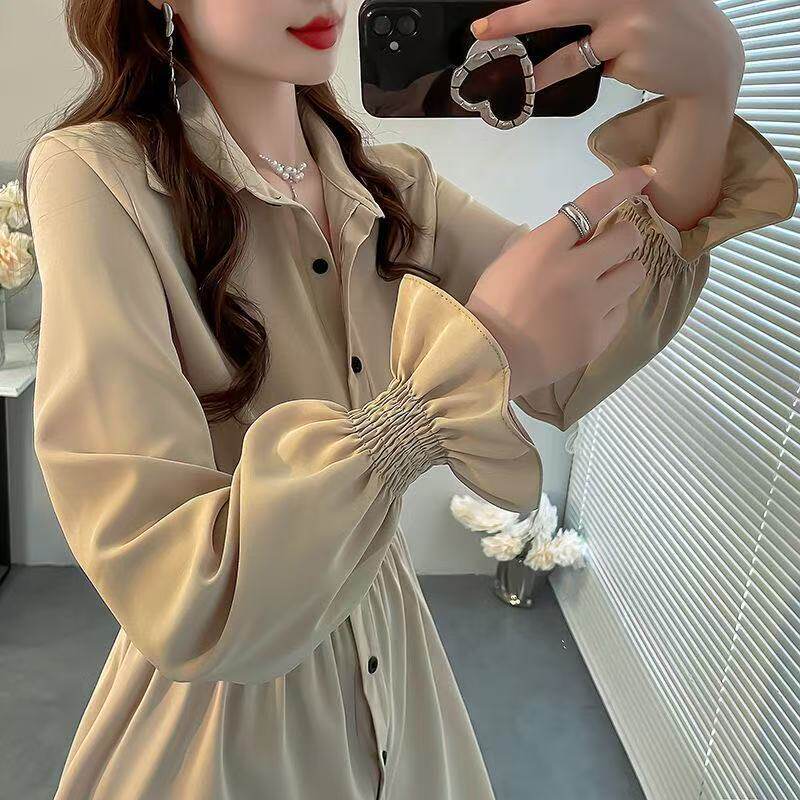 韩版秋上衣女2025新款喇叭袖衬衫显瘦收腰设计中长款纯色雪纺衬衣