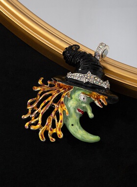 Vintage中古vinatge魔法巫婆吊坠个性珐琅镶钻项链磁吸黑帽月亮