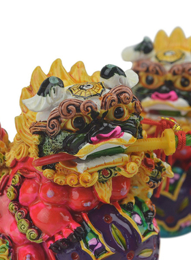 台湾交趾彩陶狮咬剑摆件一对狮子家居装饰工艺品