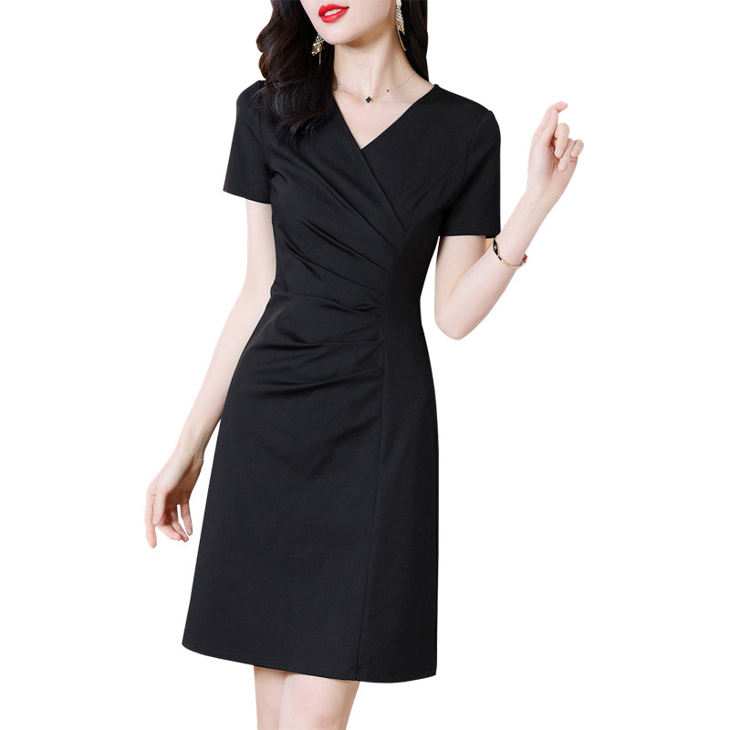黑色高端连衣裙女夏2025新款短袖V领中长款收腰气质显瘦小黑裙子,淘宝优惠券,粉丝福利购,淘宝优惠卷