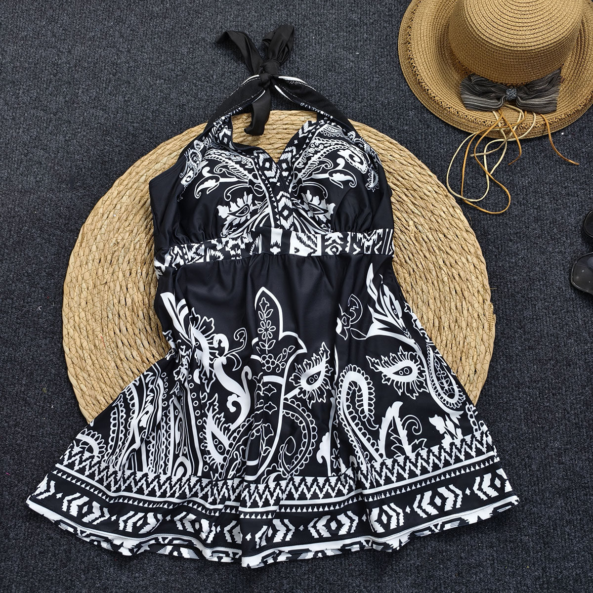 欧美大码泳衣套装挂脖绑带露背带胸垫分体泳装防走光平角裤两件套,淘宝优惠券,粉丝福利购,淘宝优惠卷