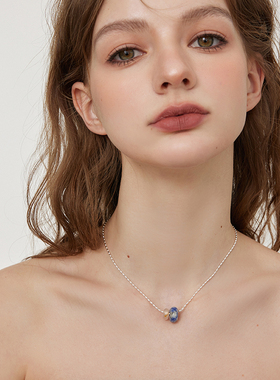 aviho 清冷感撞色甜甜圈天然石吊坠项链925纯银米珠锁骨小众ins风