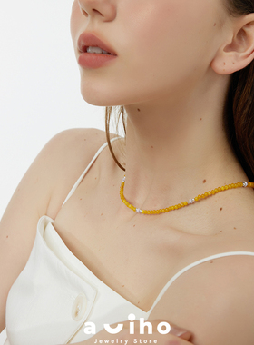 aviho小众天然石黄玉髓玛瑙串珠项链女夏日ins简约复古锁骨链颈链