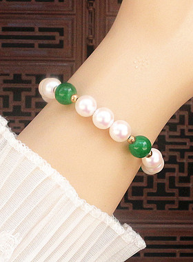 新中式绿玉髓珍珠手链弹力