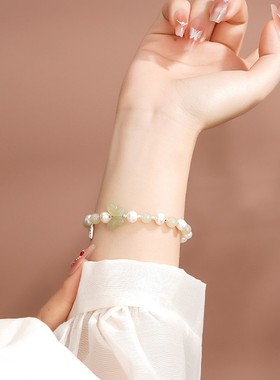 S925纯银碎银子和田玉蝴蝶手链女新中式轻奢小众淡水珍珠手饰
