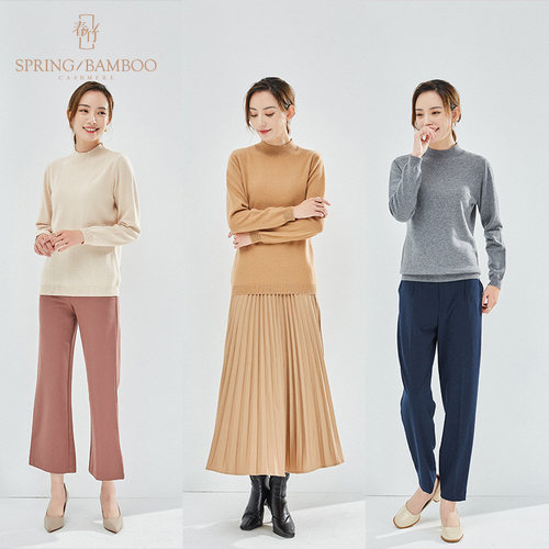春竹秋冬新款羊绒衫女半高领纯山羊绒针织百搭打底衫毛衣女装 - 图1