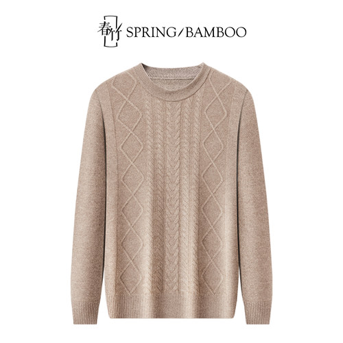 春竹秋冬新款岛精两股山羊绒无缝半高领绞花长袖男士针织衫羊绒衫 - 图2