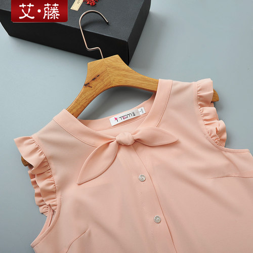艾藤夏季新款甜美系结领雪纺衫花边无袖女式上衣百搭打底衬衣 - 图1