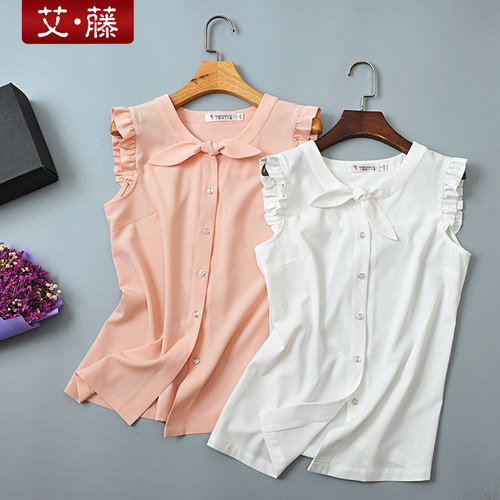 艾藤夏季新款甜美系结领雪纺衫花边无袖女式上衣百搭打底衬衣 - 图0