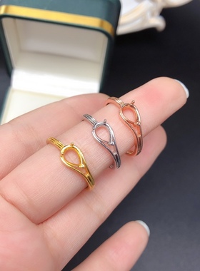 s925银饰戒指空托水滴形5*7mm秀气清新百搭重叠活口戒托女透辉石