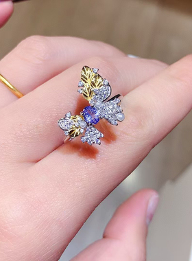 s925银戒指空托蝴蝶款时尚气质优雅百搭椭圆4*5mm镶彩宝