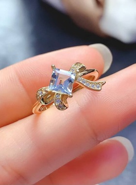 通体s925银戒指空托女时尚百搭气质蝴蝶结海蓝宝方形5*5mm活口戒