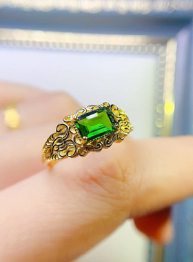 通体s925银戒指空托女复古宫廷风方形5*7mm活口戒托祖母绿碧玺托