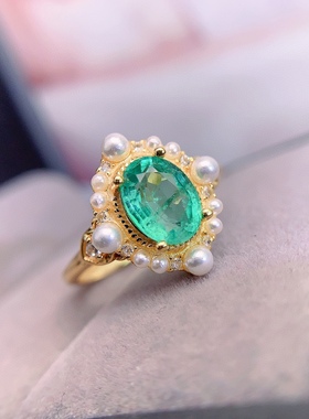 s925银饰戒指空托椭圆6*8mm时尚轻奢粘珍珠 戒指托镶祖母绿彩宝