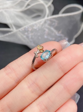 s925银饰戒指空托双色金清秀荷花复古开口戒托椭圆形5*7镶磷灰石