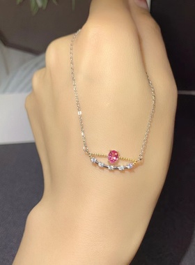 s925银镀金简约气质锁骨链项链吊坠镶嵌空托椭圆4*5mm镶粉蓝宝石