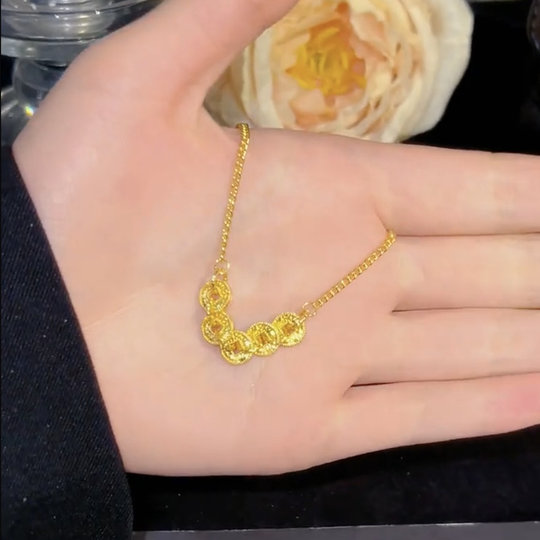 轻奢小众复古风金色五帝钱脚链女新中式碎碎冰金爆闪首饰精致饰品