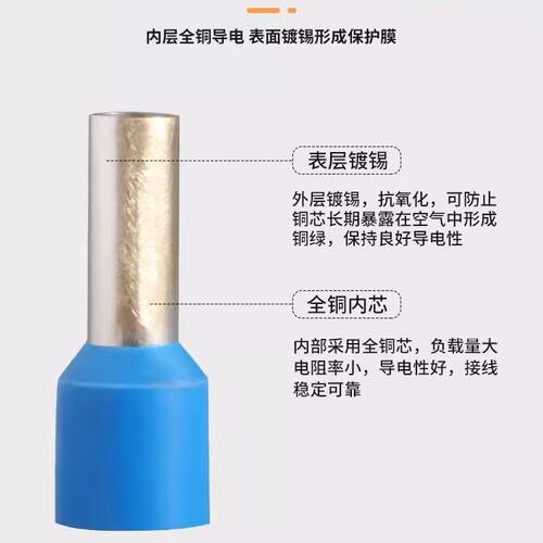 管型端子E0508 VE1008 E1508针型端子欧式冷压接线端子压线耳黄铜 - 图2