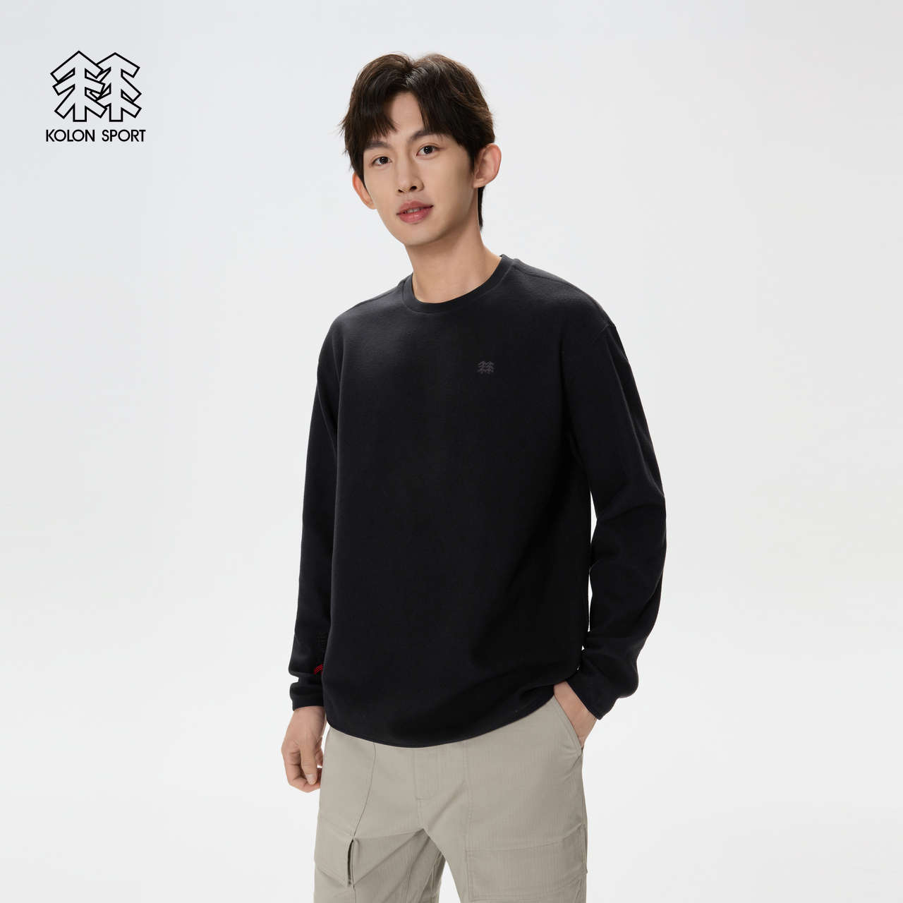 KOLON SPORT可隆男女同款薄抓绒长袖T恤春秋冬刺绣宽松圆领上衣 - 图3