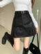 Large size leather skirt pleated skirt with belt high waist skirt