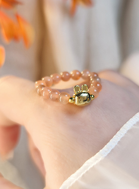 太阳石天然石戒指女ins小兔子时尚个性轻奢高级感素圈指环尾戒子