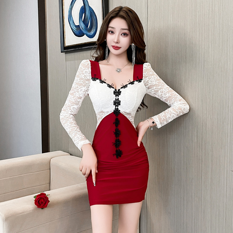 纯欲性感蕾丝连衣裙春秋季短款修身显瘦超短裙气质收腰长袖技师服,淘宝优惠券,粉丝福利购,淘宝优惠卷