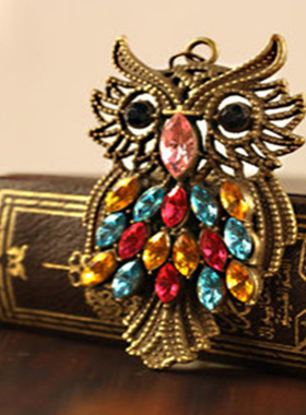 欧美复古饰品  韩版彩钻 猫头鹰项链 毛衣链  长项链 男女