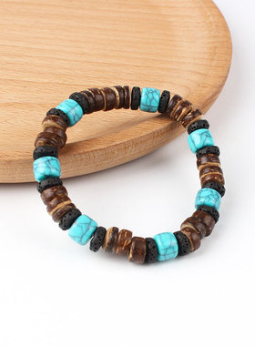 跨境新款火山石弹力绳手链天然椰壳编织手串波西米亚沙滩风小