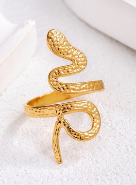跨境金色蛇形304不锈钢戒指简约几何不规则18k金指环首饰现货