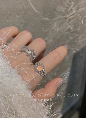 同款月光石戒指ins小众设计新潮戒指开口可调节